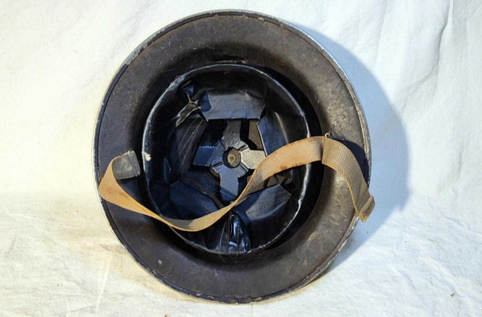 Interior view of the British Army Mk II helmet showing the BMB liner and chinstrap