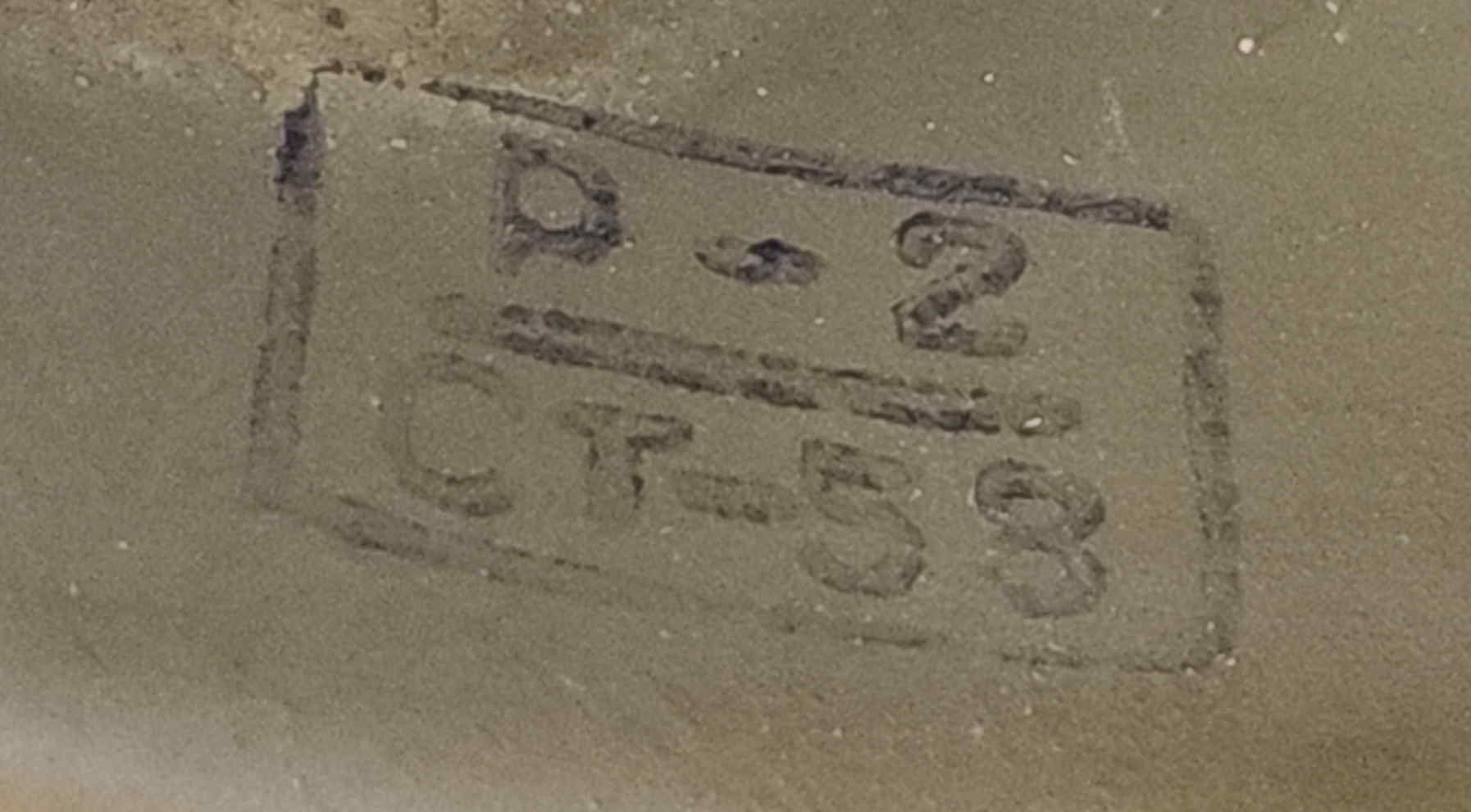 Rectangular ink stamp with P-2 and CT-58 indicating factory code and year 1958