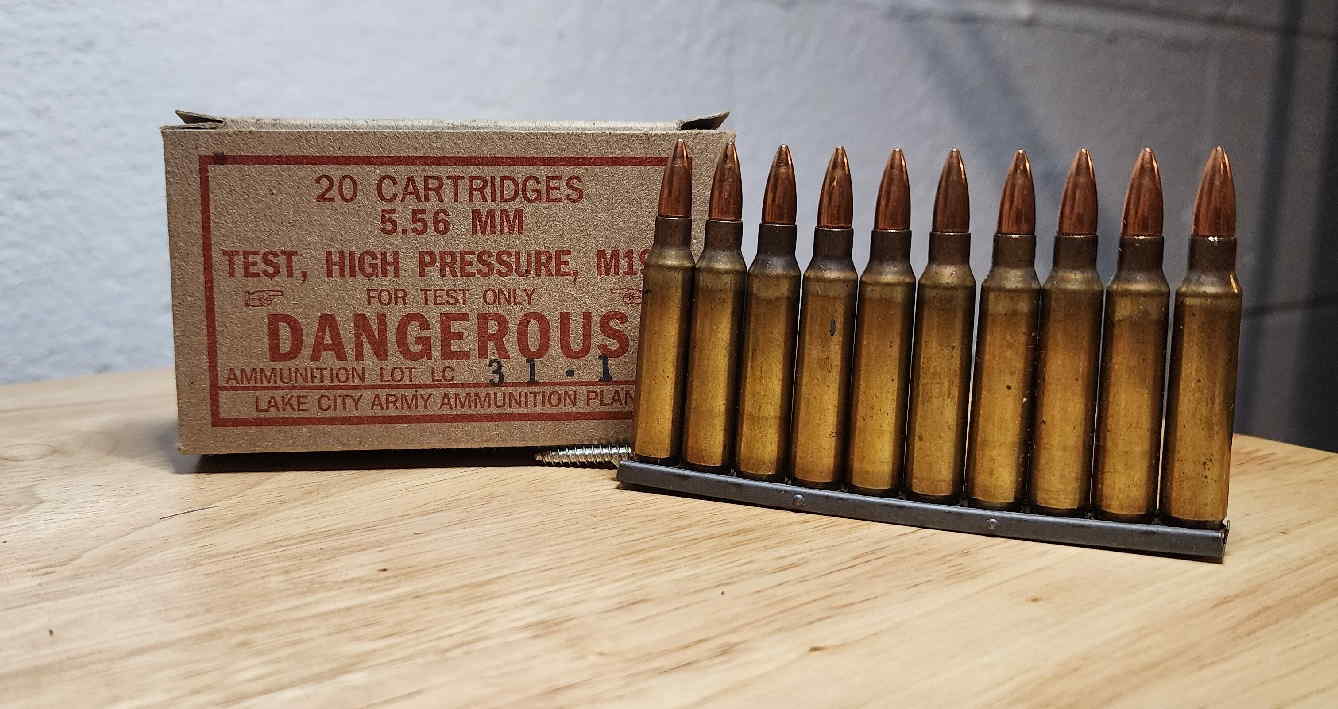 Lake City 1970 M193 cartridges grouped with reproduction display box