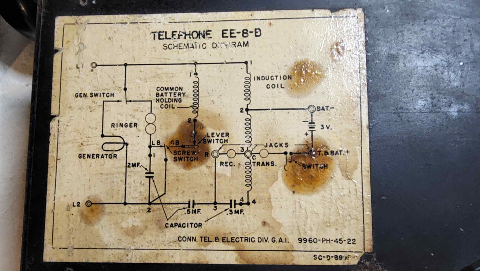 EE-8-B schematic plate marked Connecticut Telephone and Electric Division GAI and 9960-PH-45-22