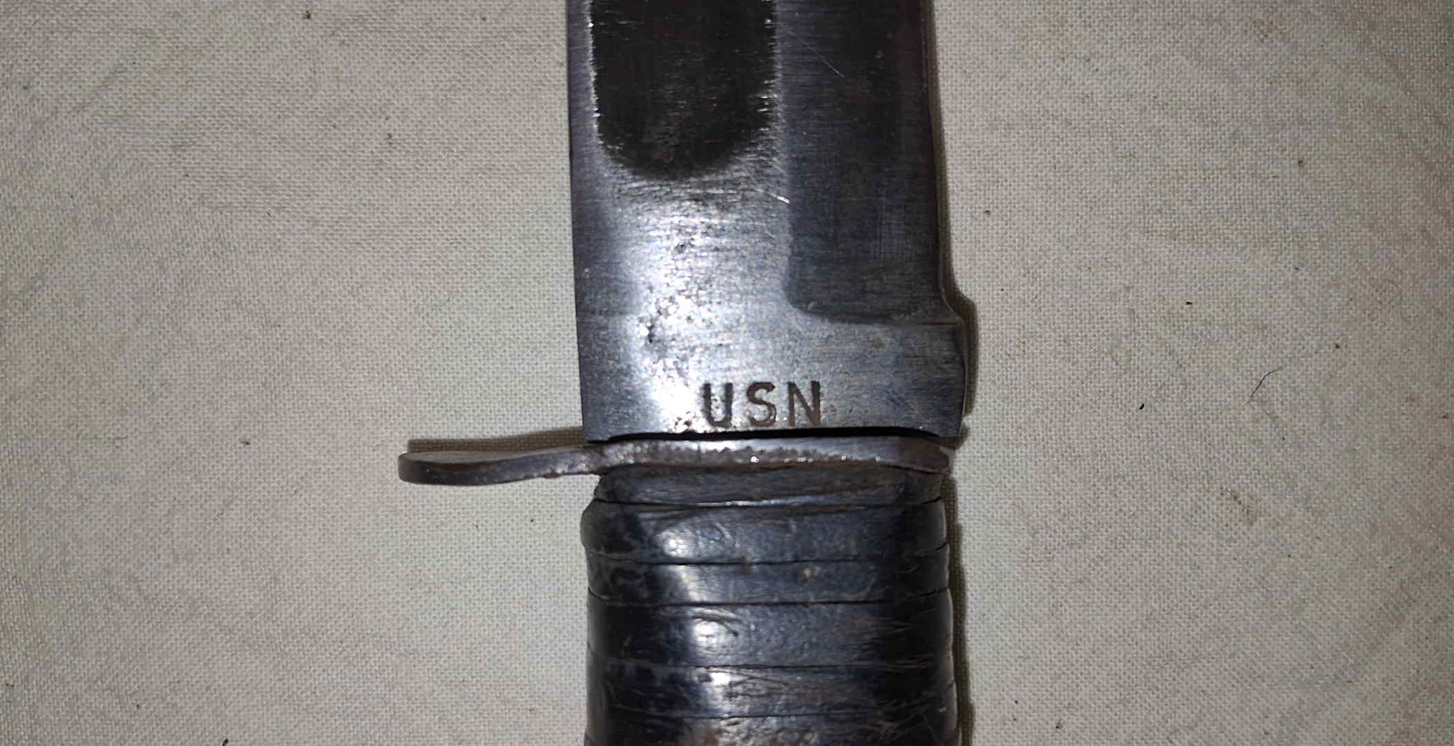 Close view of the USN marking on the ricasso of the KA-BAR Mark 2 knife
